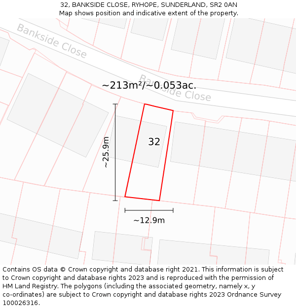 32, BANKSIDE CLOSE, RYHOPE, SUNDERLAND, SR2 0AN: Plot and title map