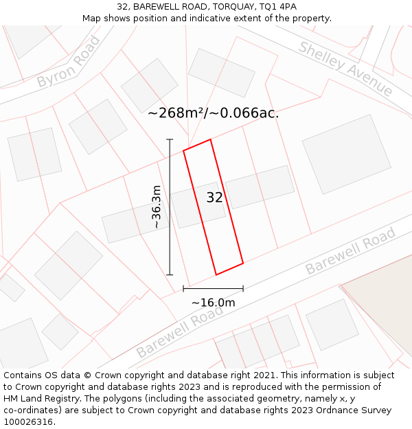 32, BAREWELL ROAD, TORQUAY, TQ1 4PA: Plot and title map