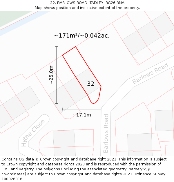 32, BARLOWS ROAD, TADLEY, RG26 3NA: Plot and title map