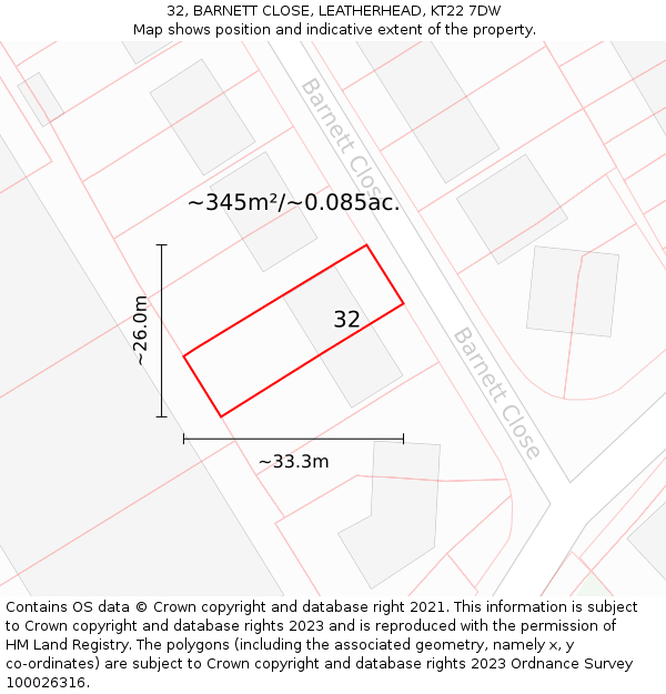 32, BARNETT CLOSE, LEATHERHEAD, KT22 7DW: Plot and title map