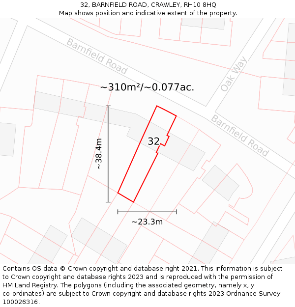 32, BARNFIELD ROAD, CRAWLEY, RH10 8HQ: Plot and title map