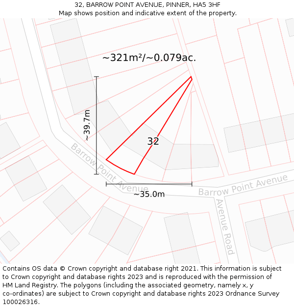32, BARROW POINT AVENUE, PINNER, HA5 3HF: Plot and title map