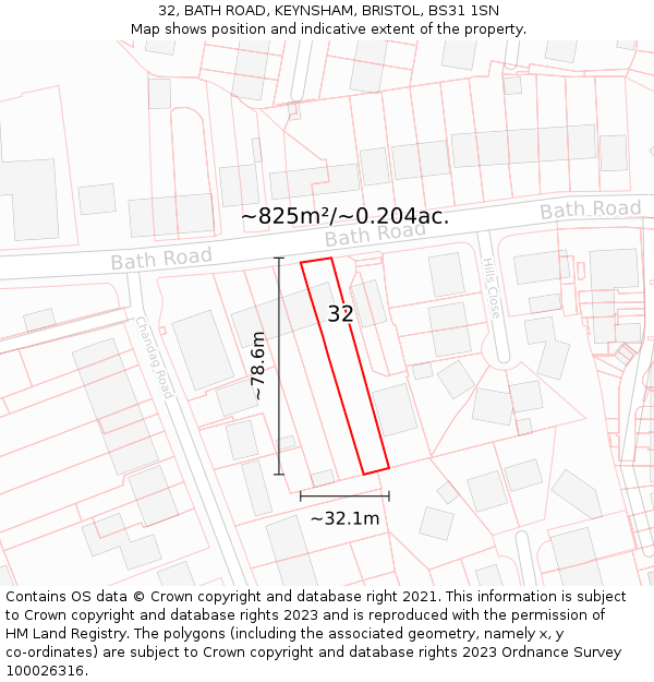 32, BATH ROAD, KEYNSHAM, BRISTOL, BS31 1SN: Plot and title map