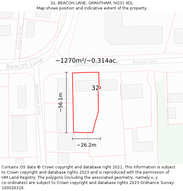 32, BEACON LANE, GRANTHAM, NG31 9DL: Plot and title map