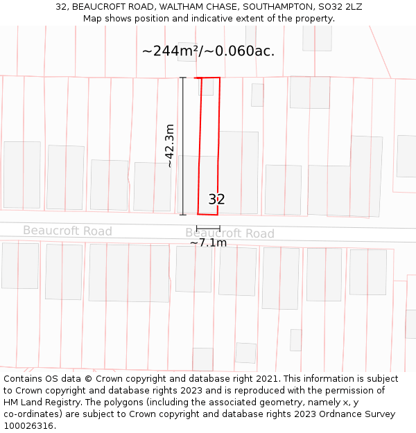 32, BEAUCROFT ROAD, WALTHAM CHASE, SOUTHAMPTON, SO32 2LZ: Plot and title map