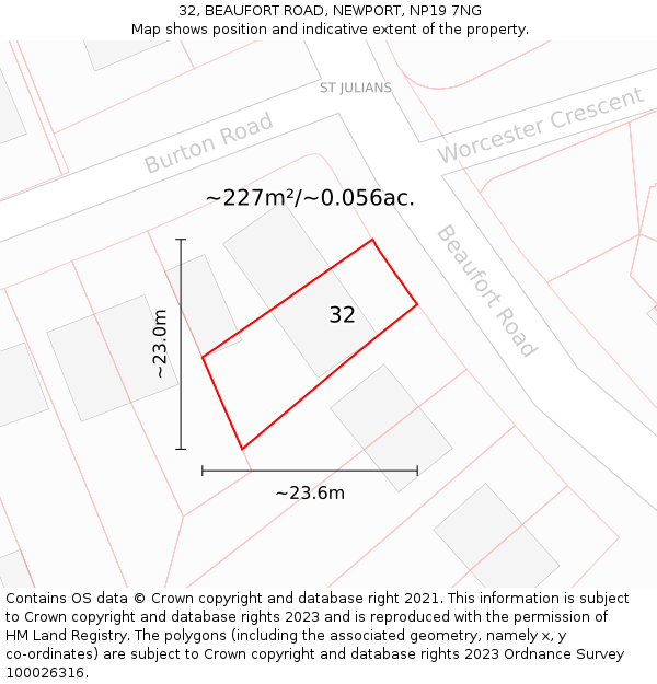 32, BEAUFORT ROAD, NEWPORT, NP19 7NG: Plot and title map