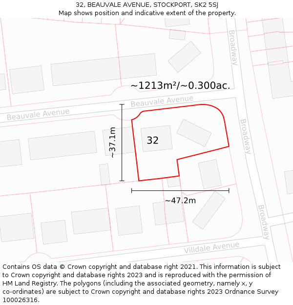 32, BEAUVALE AVENUE, STOCKPORT, SK2 5SJ: Plot and title map