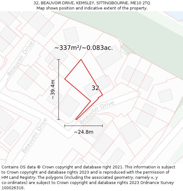 32, BEAUVOIR DRIVE, KEMSLEY, SITTINGBOURNE, ME10 2TQ: Plot and title map