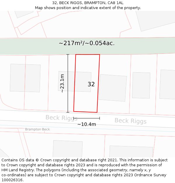 32, BECK RIGGS, BRAMPTON, CA8 1AL: Plot and title map