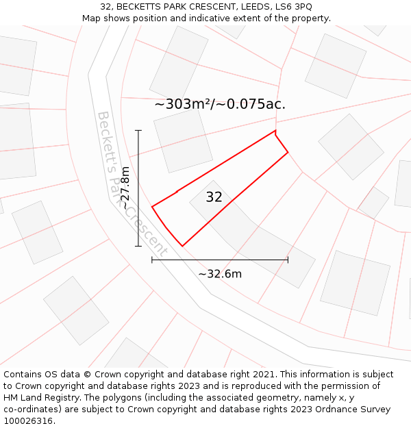 32, BECKETTS PARK CRESCENT, LEEDS, LS6 3PQ: Plot and title map