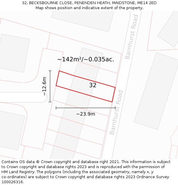 32, BECKSBOURNE CLOSE, PENENDEN HEATH, MAIDSTONE, ME14 2ED: Plot and title map