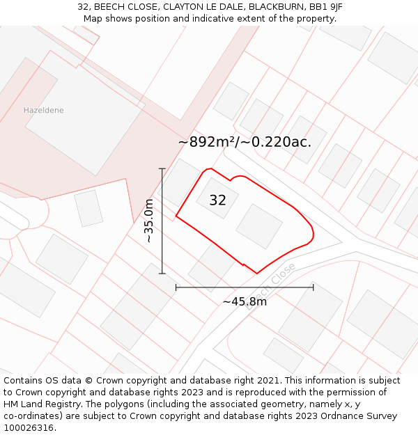 32, BEECH CLOSE, CLAYTON LE DALE, BLACKBURN, BB1 9JF: Plot and title map