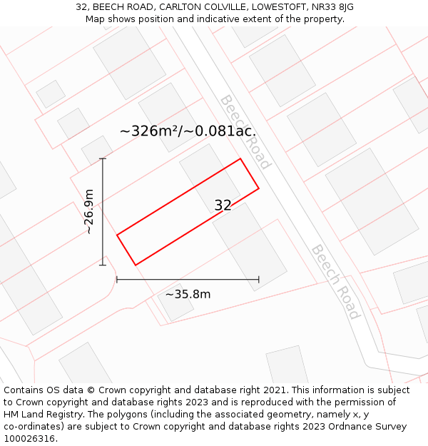 32, BEECH ROAD, CARLTON COLVILLE, LOWESTOFT, NR33 8JG: Plot and title map