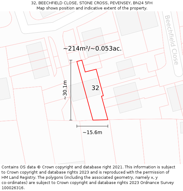 32, BEECHFIELD CLOSE, STONE CROSS, PEVENSEY, BN24 5FH: Plot and title map