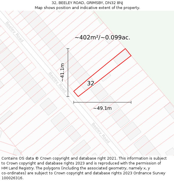 32, BEELEY ROAD, GRIMSBY, DN32 8NJ: Plot and title map