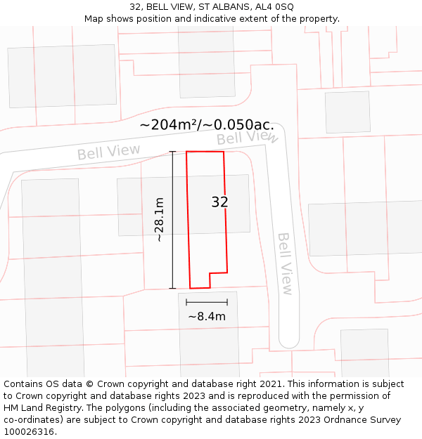 32, BELL VIEW, ST ALBANS, AL4 0SQ: Plot and title map