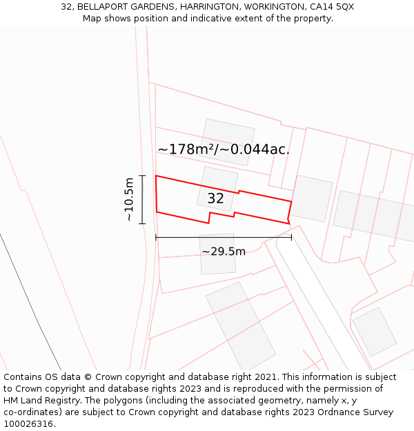 32, BELLAPORT GARDENS, HARRINGTON, WORKINGTON, CA14 5QX: Plot and title map