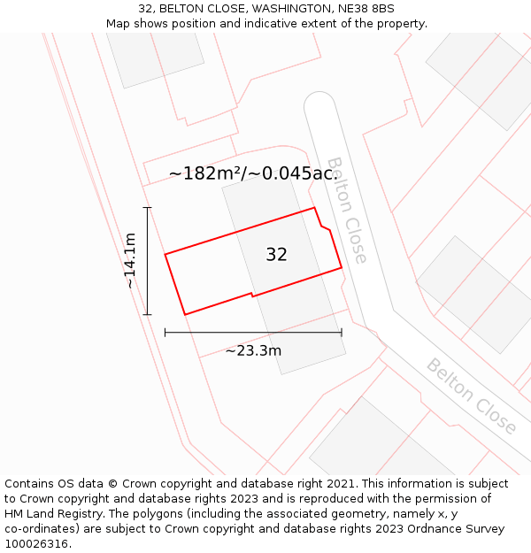 32, BELTON CLOSE, WASHINGTON, NE38 8BS: Plot and title map