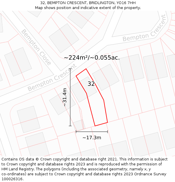 32, BEMPTON CRESCENT, BRIDLINGTON, YO16 7HH: Plot and title map