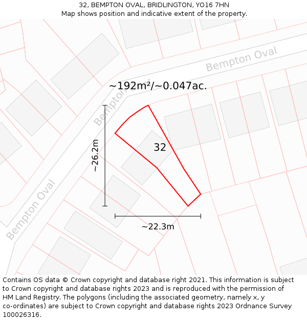 32, BEMPTON OVAL, BRIDLINGTON, YO16 7HN: Plot and title map