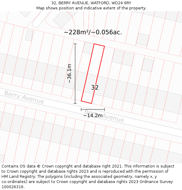 32, BERRY AVENUE, WATFORD, WD24 6RY: Plot and title map