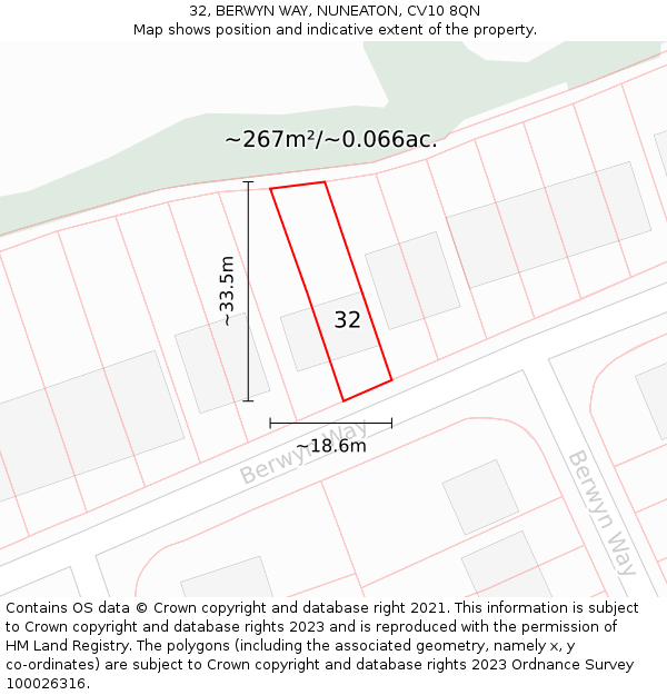 32, BERWYN WAY, NUNEATON, CV10 8QN: Plot and title map