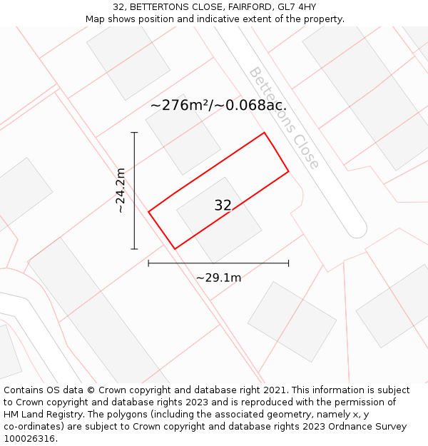 32, BETTERTONS CLOSE, FAIRFORD, GL7 4HY: Plot and title map