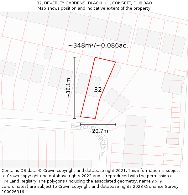 32, BEVERLEY GARDENS, BLACKHILL, CONSETT, DH8 0AQ: Plot and title map