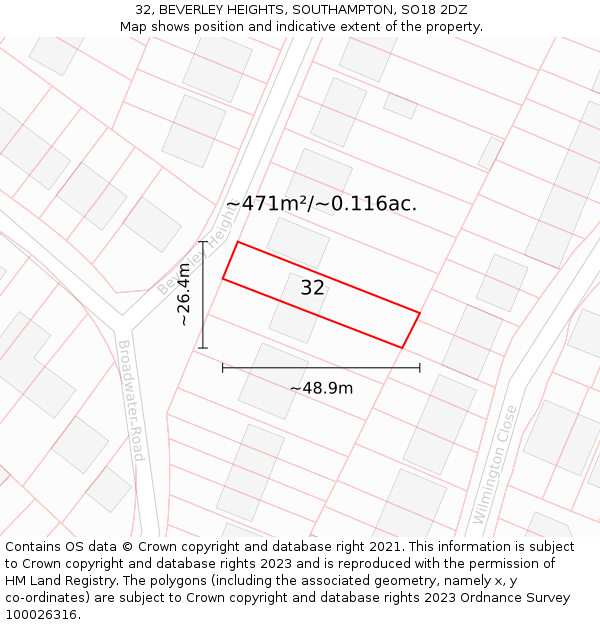 32, BEVERLEY HEIGHTS, SOUTHAMPTON, SO18 2DZ: Plot and title map