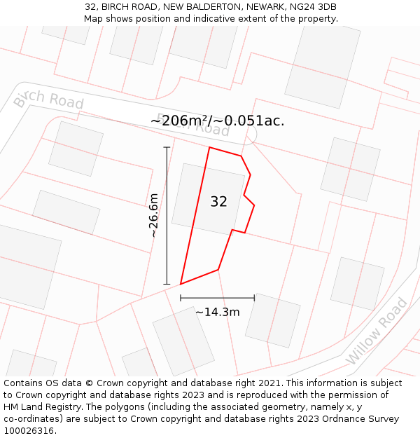 32, BIRCH ROAD, NEW BALDERTON, NEWARK, NG24 3DB: Plot and title map