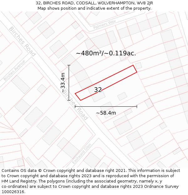 32, BIRCHES ROAD, CODSALL, WOLVERHAMPTON, WV8 2JR: Plot and title map