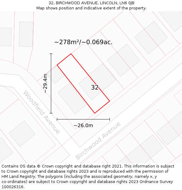 32, BIRCHWOOD AVENUE, LINCOLN, LN6 0JB: Plot and title map