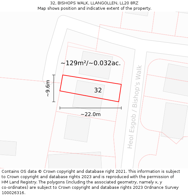 32, BISHOPS WALK, LLANGOLLEN, LL20 8RZ: Plot and title map