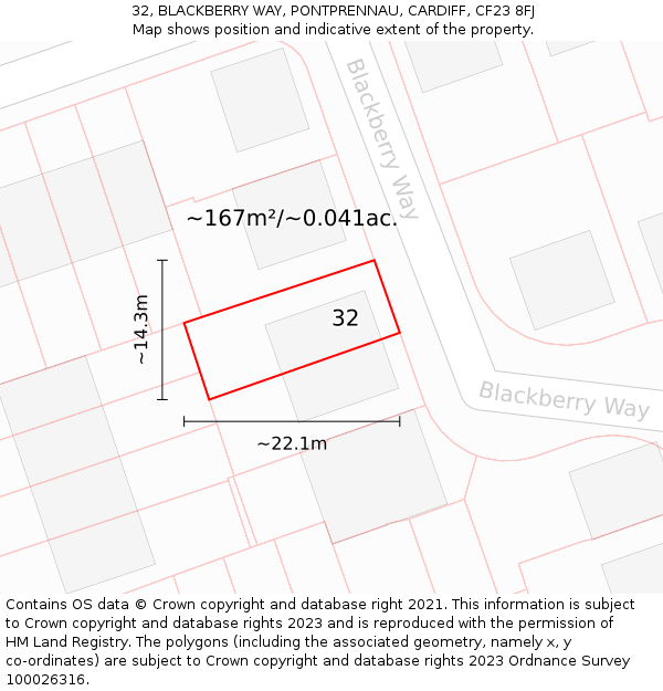 32, BLACKBERRY WAY, PONTPRENNAU, CARDIFF, CF23 8FJ: Plot and title map