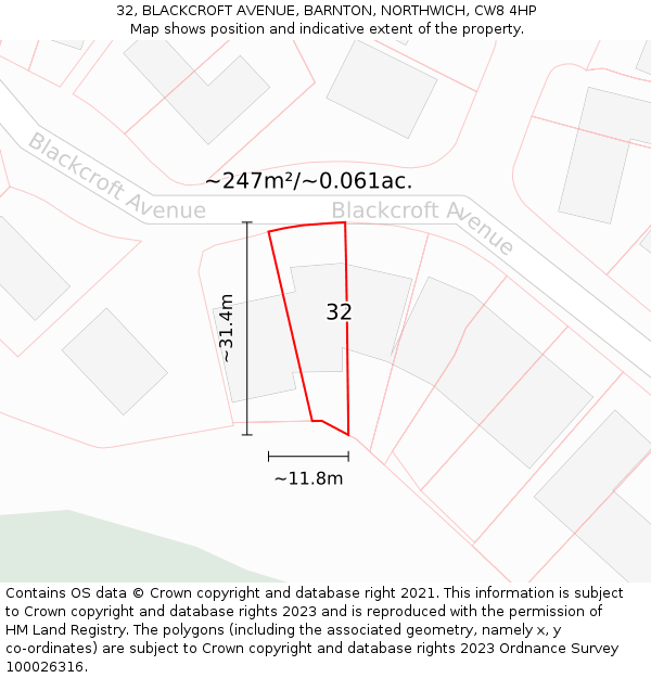 32, BLACKCROFT AVENUE, BARNTON, NORTHWICH, CW8 4HP: Plot and title map