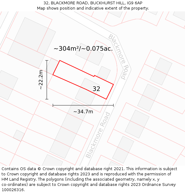 32, BLACKMORE ROAD, BUCKHURST HILL, IG9 6AP: Plot and title map