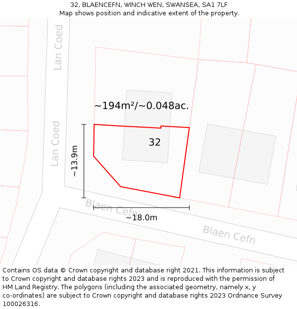 32, BLAENCEFN, WINCH WEN, SWANSEA, SA1 7LF: Plot and title map