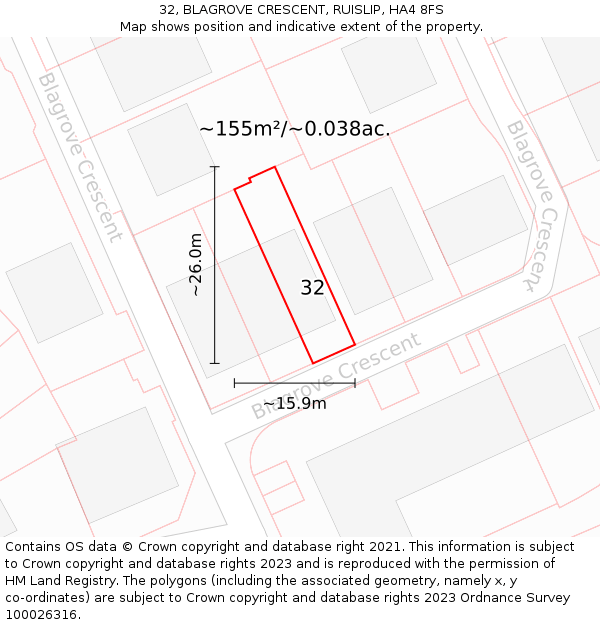 32, BLAGROVE CRESCENT, RUISLIP, HA4 8FS: Plot and title map