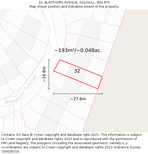 32, BLAYTHORN AVENUE, SOLIHULL, B92 8TS: Plot and title map