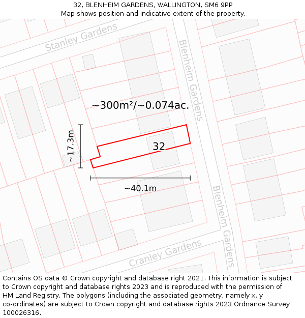 32, BLENHEIM GARDENS, WALLINGTON, SM6 9PP: Plot and title map