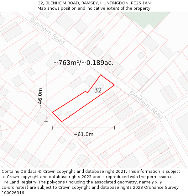 32, BLENHEIM ROAD, RAMSEY, HUNTINGDON, PE26 1AN: Plot and title map