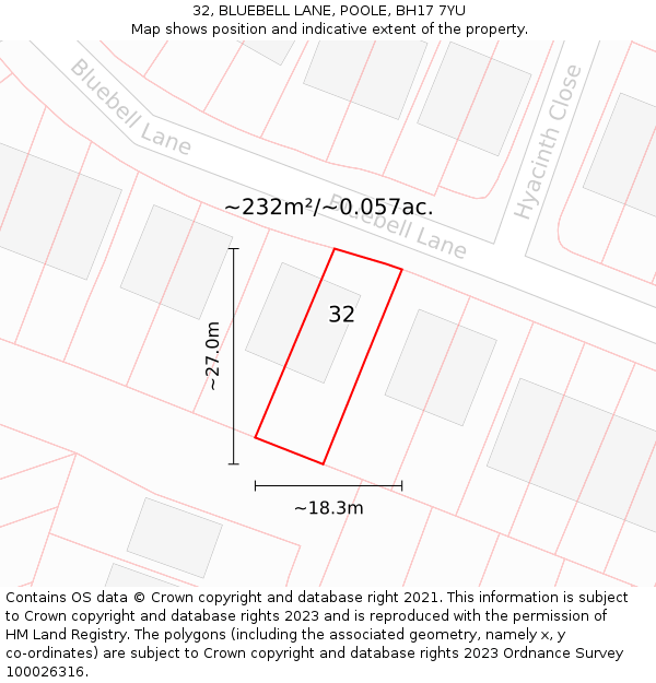 32, BLUEBELL LANE, POOLE, BH17 7YU: Plot and title map