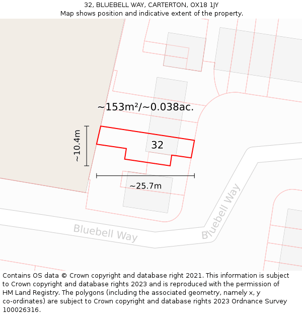 32, BLUEBELL WAY, CARTERTON, OX18 1JY: Plot and title map