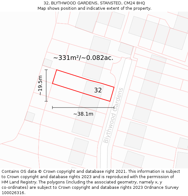 32, BLYTHWOOD GARDENS, STANSTED, CM24 8HQ: Plot and title map