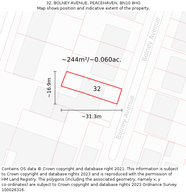 32, BOLNEY AVENUE, PEACEHAVEN, BN10 8HG: Plot and title map