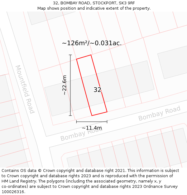 32, BOMBAY ROAD, STOCKPORT, SK3 9RF: Plot and title map