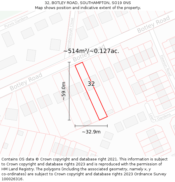 32, BOTLEY ROAD, SOUTHAMPTON, SO19 0NS: Plot and title map