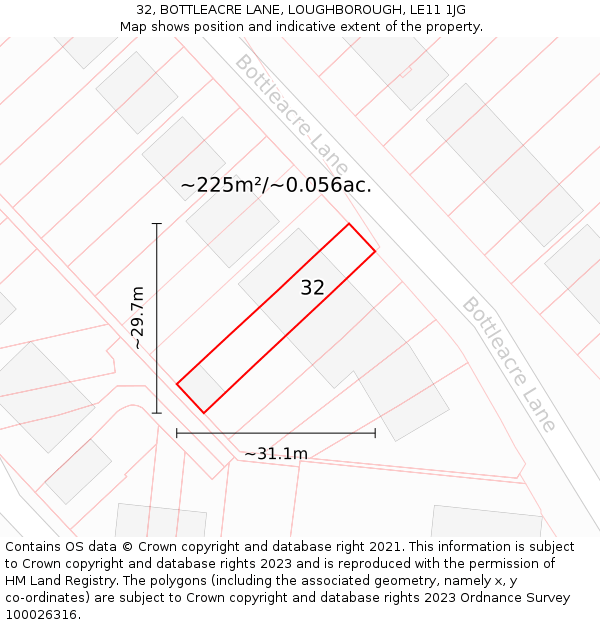 32, BOTTLEACRE LANE, LOUGHBOROUGH, LE11 1JG: Plot and title map