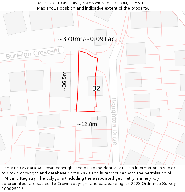 32, BOUGHTON DRIVE, SWANWICK, ALFRETON, DE55 1DT: Plot and title map