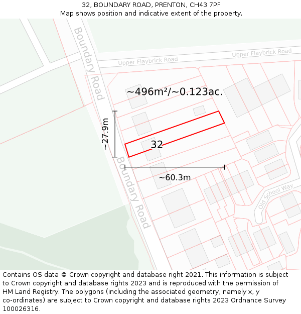 32, BOUNDARY ROAD, PRENTON, CH43 7PF: Plot and title map